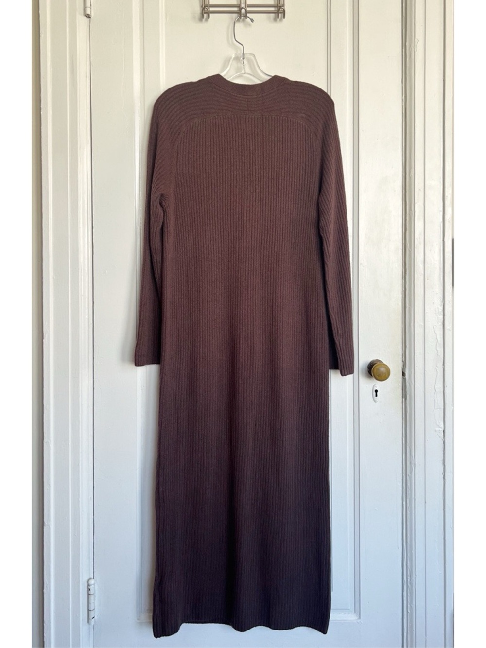 A&F • Duster Maxi Sweater Dress brown ribbed knit midi button front v-neck - Picture 8 of 10